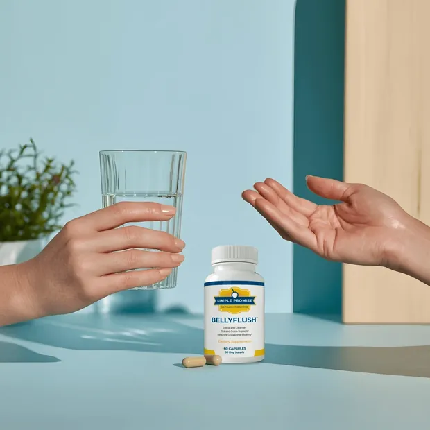 Hand holding a glass of water beside a BellyFlush bottle and two capsules on a blue table
