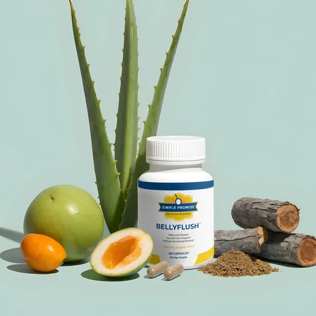 BellyFlush bottle beside an aloe plant, fruit, bark and herbal powder