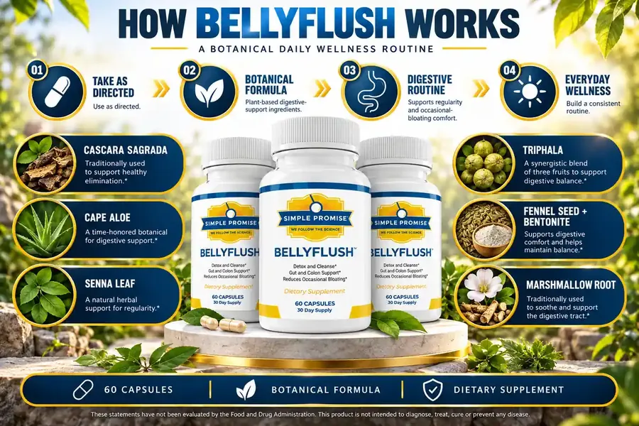 How BellyFlush works graphic: take as directed, botanical formula, digestive routine, everyday wellness