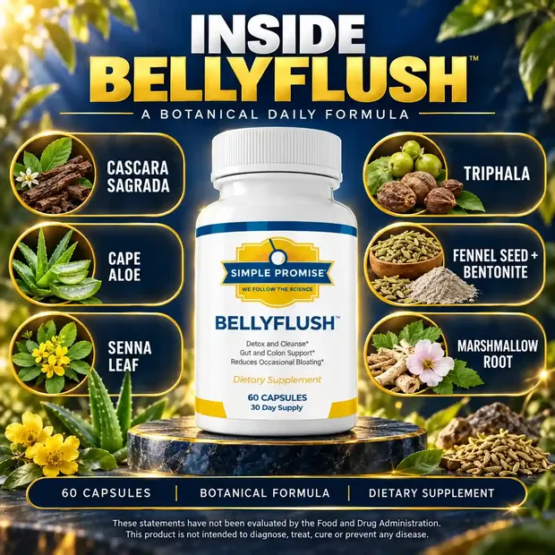 Inside BellyFlush graphic showing cascara sagrada, cape aloe, senna leaf, triphala, fennel seed with bentonite, and marshmallow root around the bottle