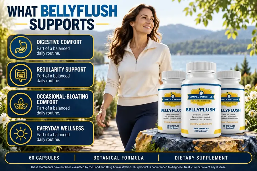 What BellyFlush supports graphic with a smiling woman outdoors: digestive comfort, regularity support, occasional-bloating comfort, everyday wellness